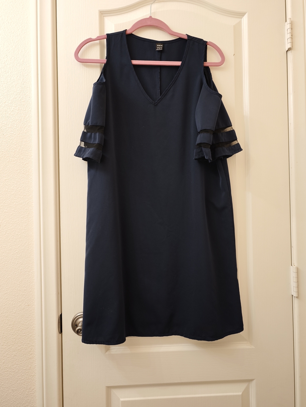 SHEIN Navy Cold-Shoulder V-Neck Shift Dress with Ruffle Sleeves